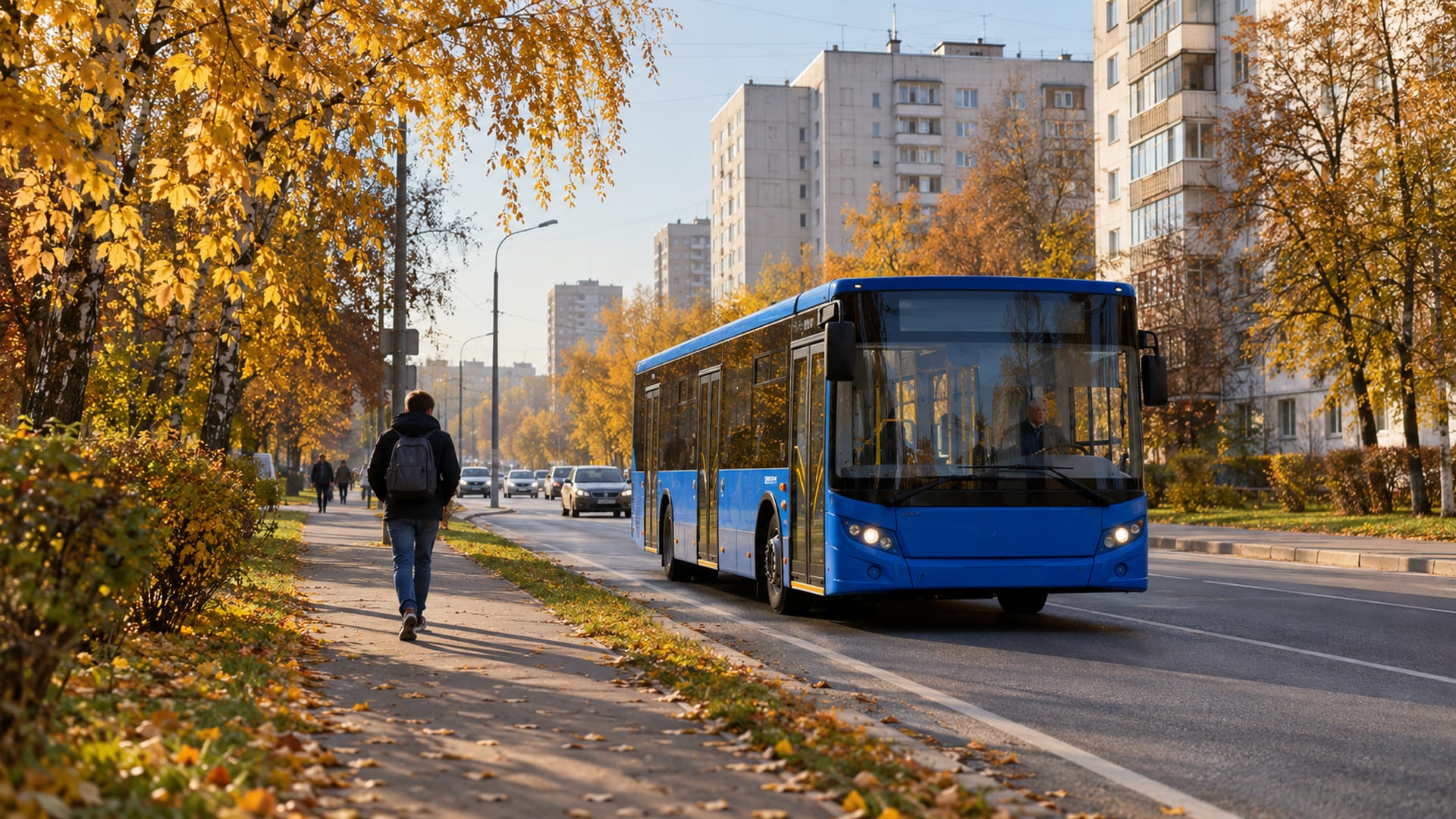 Городской автобус на осенней улице жилого района Москвы