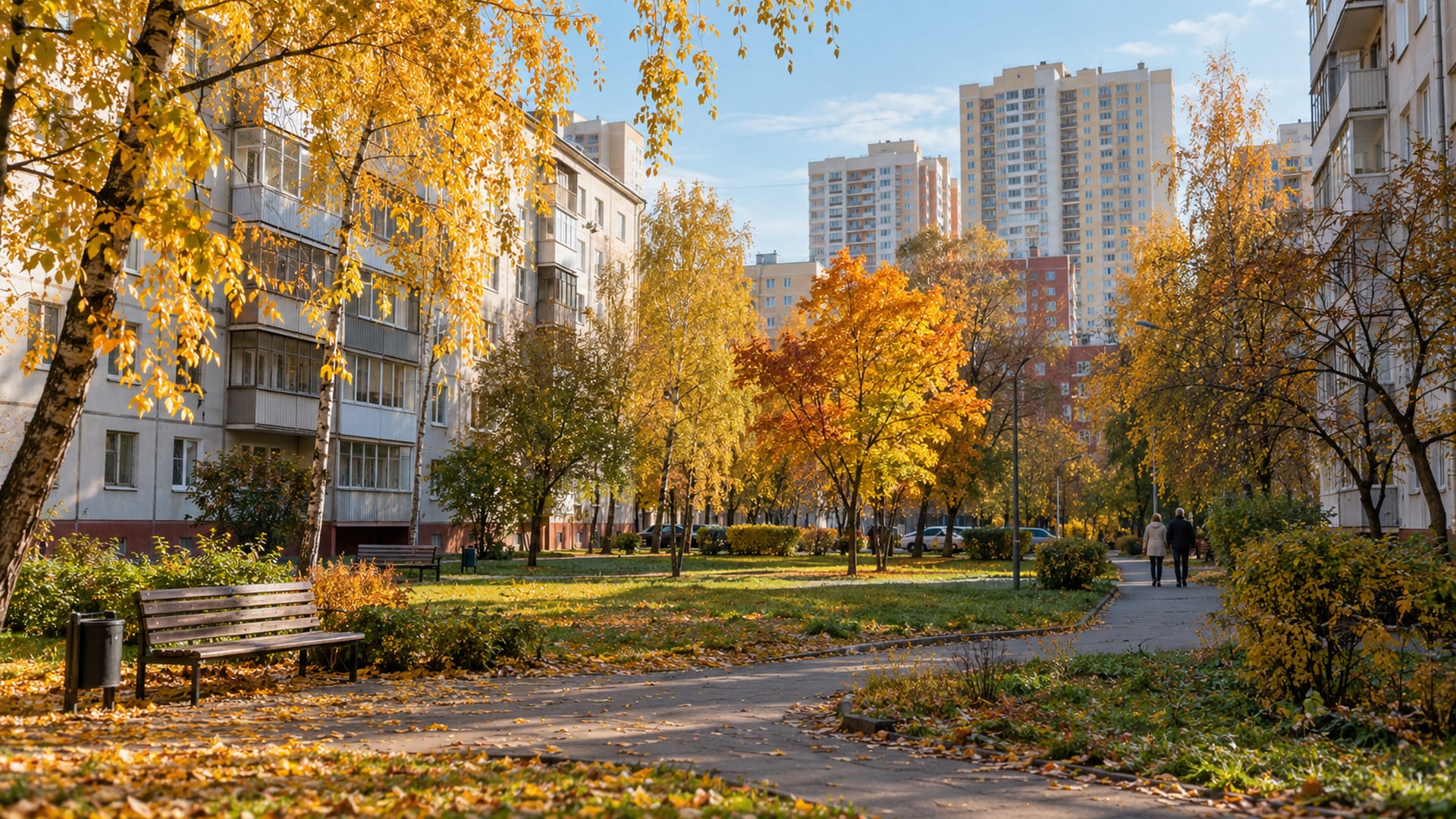 Двор многоквартирных домов с деревьями и прогулочными дорожками осенью