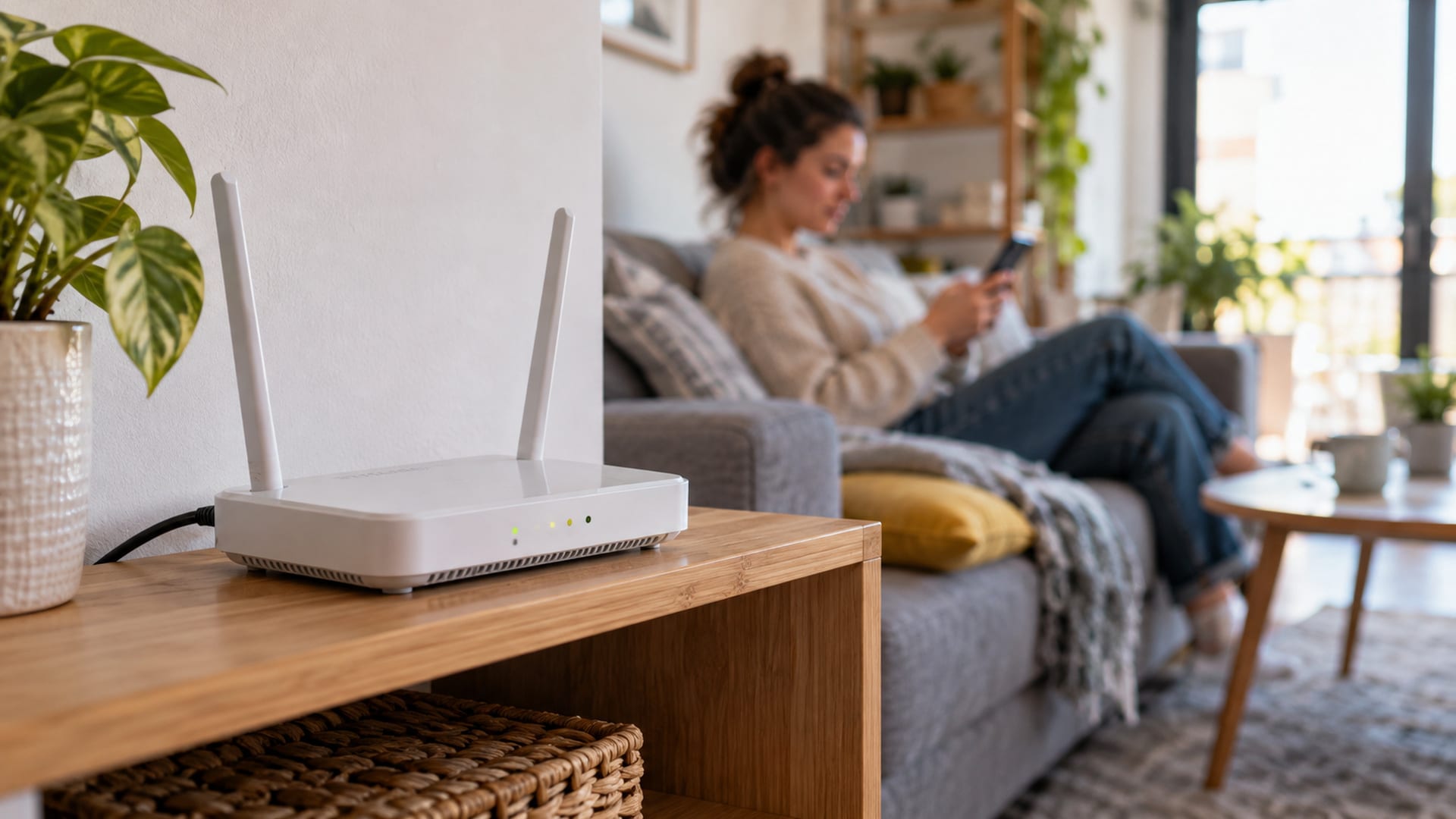 Домашний Wi-Fi-роутер и женщина со смартфоном на диване