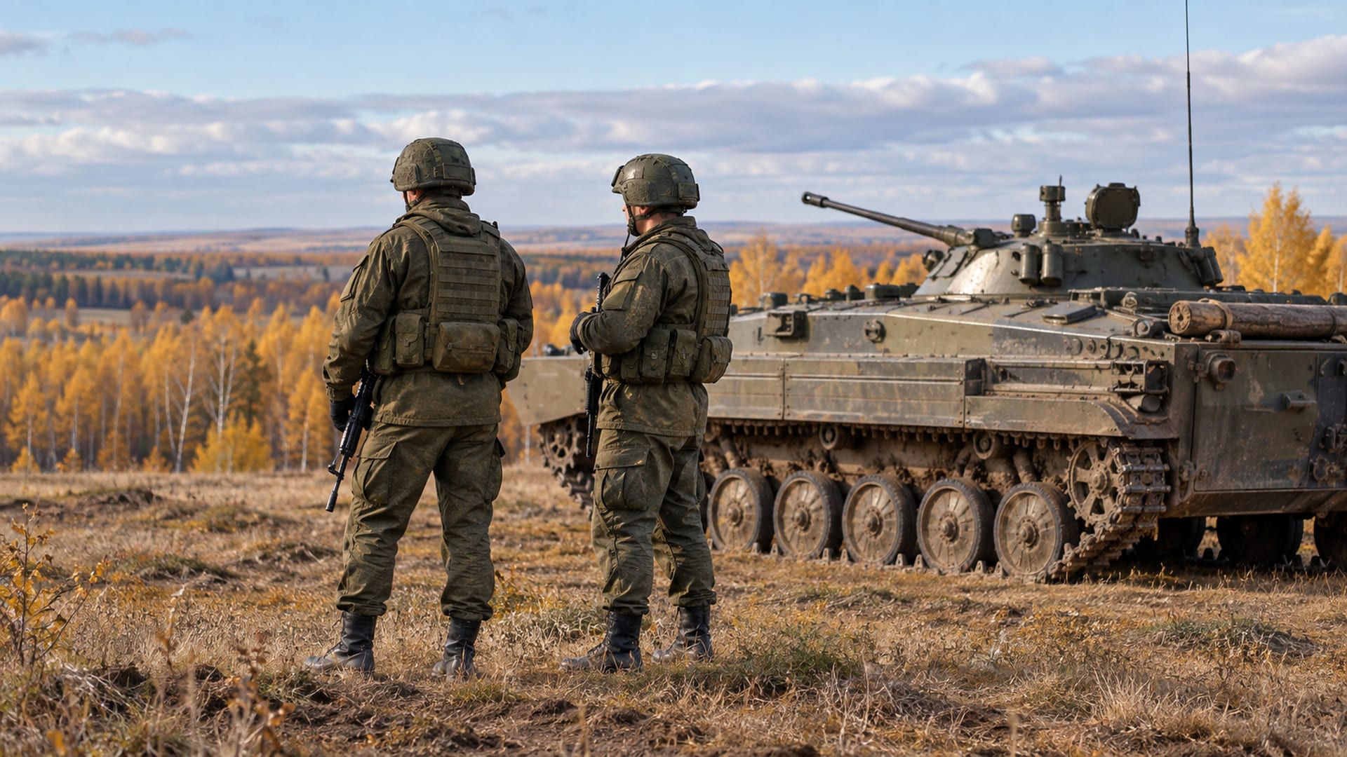 Военнослужащие на осеннем учебном полигоне рядом с бронетехникой.