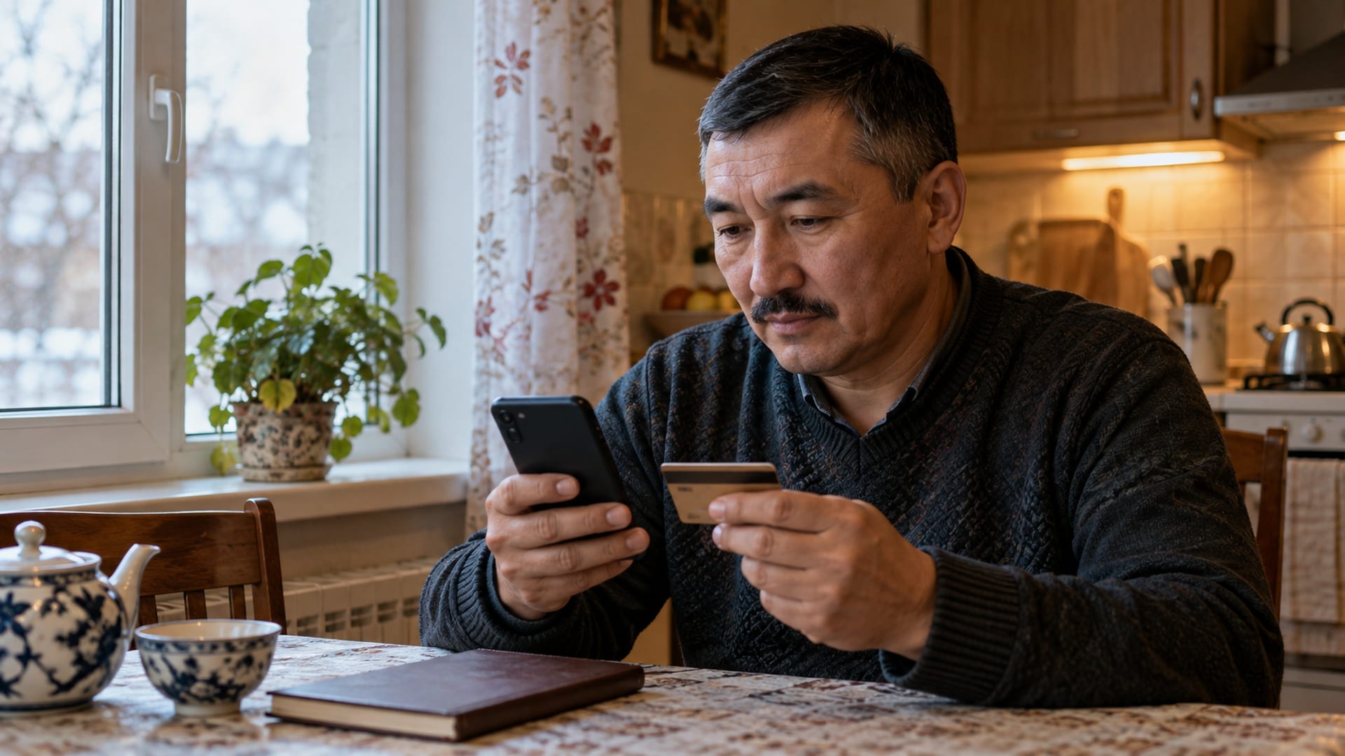 Мужчина оформляет денежный перевод со смартфона, держа банковскую карту