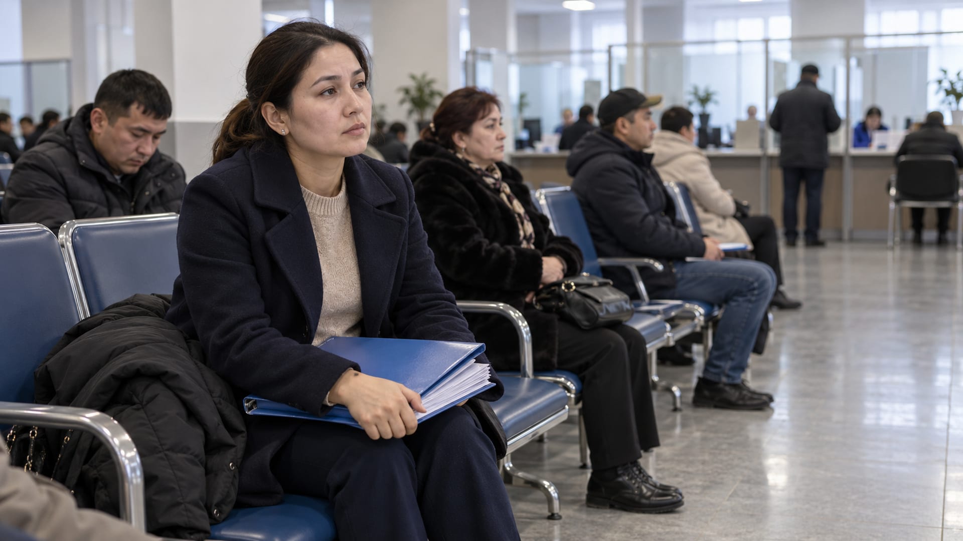 Женщина с папкой документов ожидает приёма в зале миграционного центра.