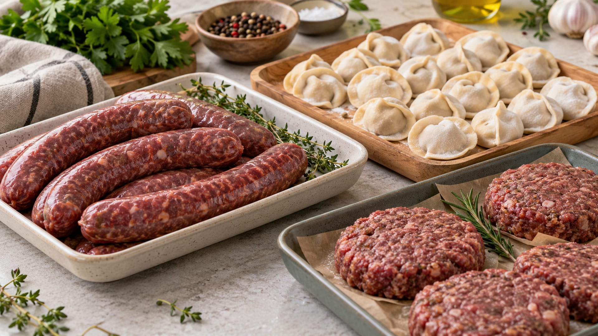 Мясные колбаски, пельмени и котлеты в отдельных лотках