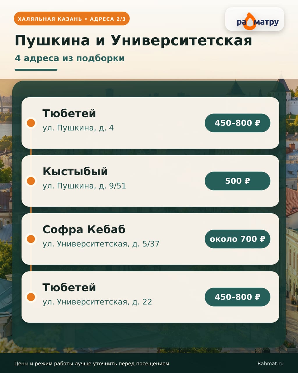 Адреса халяльных кафе на Пушкина и Университетской в Казани
