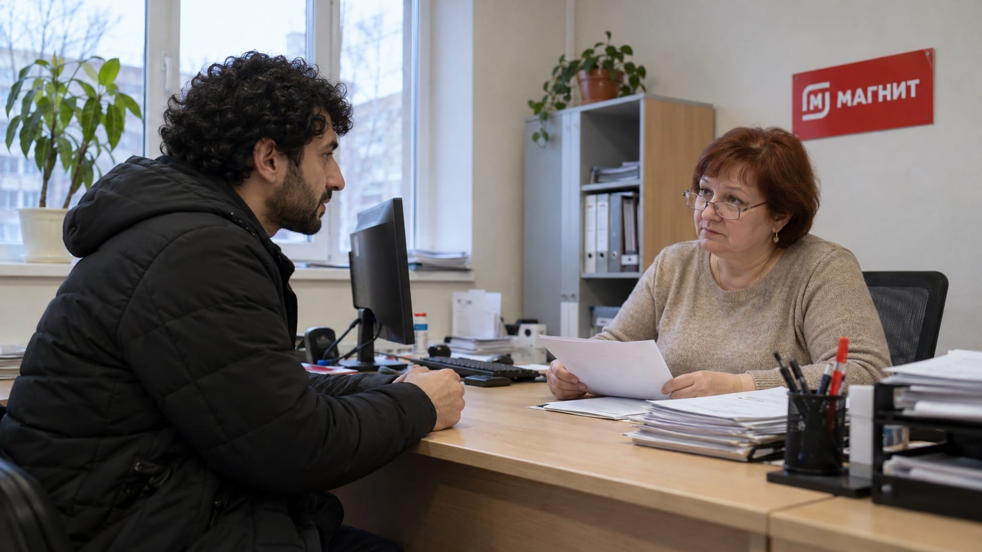 Соискатель обсуждает документы в офисе «Магнит»