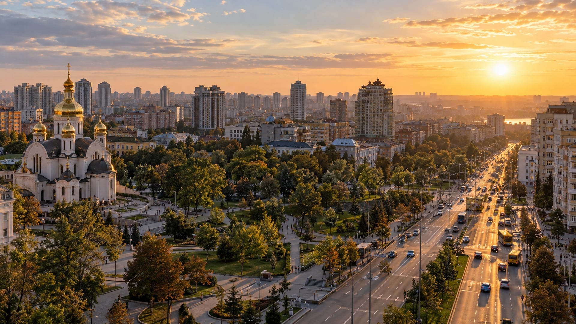 Панорама большого города с жилыми кварталами, парком и транспортной магистралью