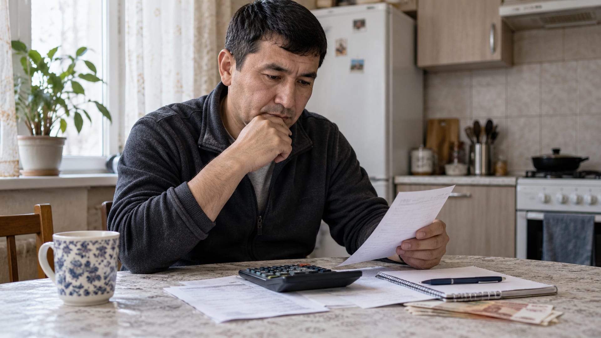 Мужчина рассчитывает расходы за домашним столом с калькулятором, документами и деньгами.