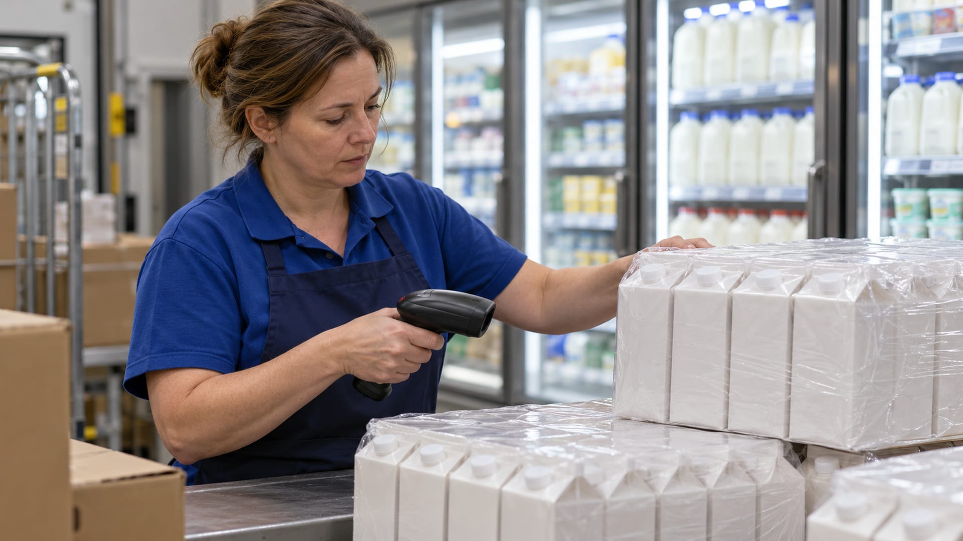 Сотрудница магазина проверяет групповую упаковку молочной продукции со сканером