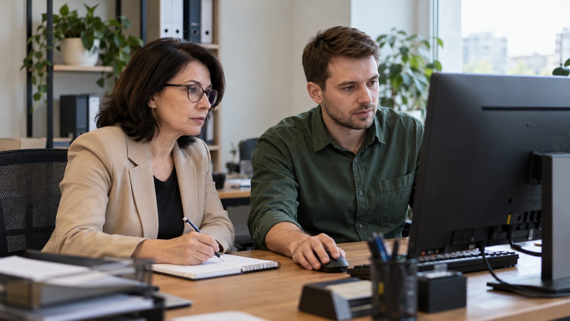 HR-специалист и IT-сотрудник проверяют работу компьютерной системы в офисе.