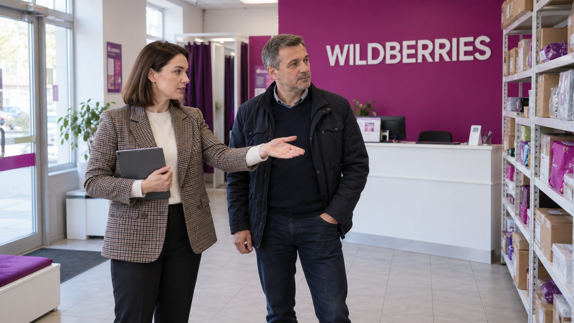 Специалист с планшетом и собственник осматривают помещение ПВЗ Wildberries