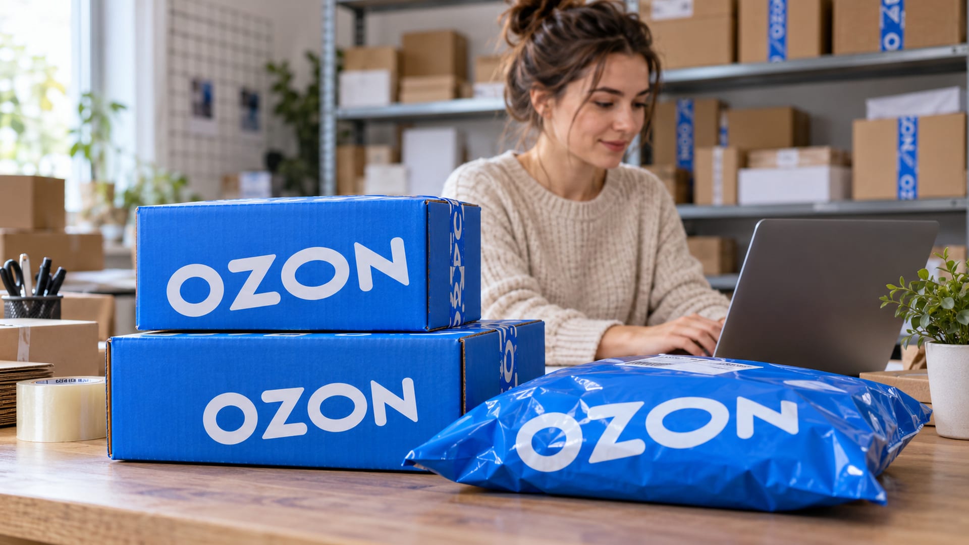 Фирменные посылки Ozon на рабочем столе продавца маркетплейса