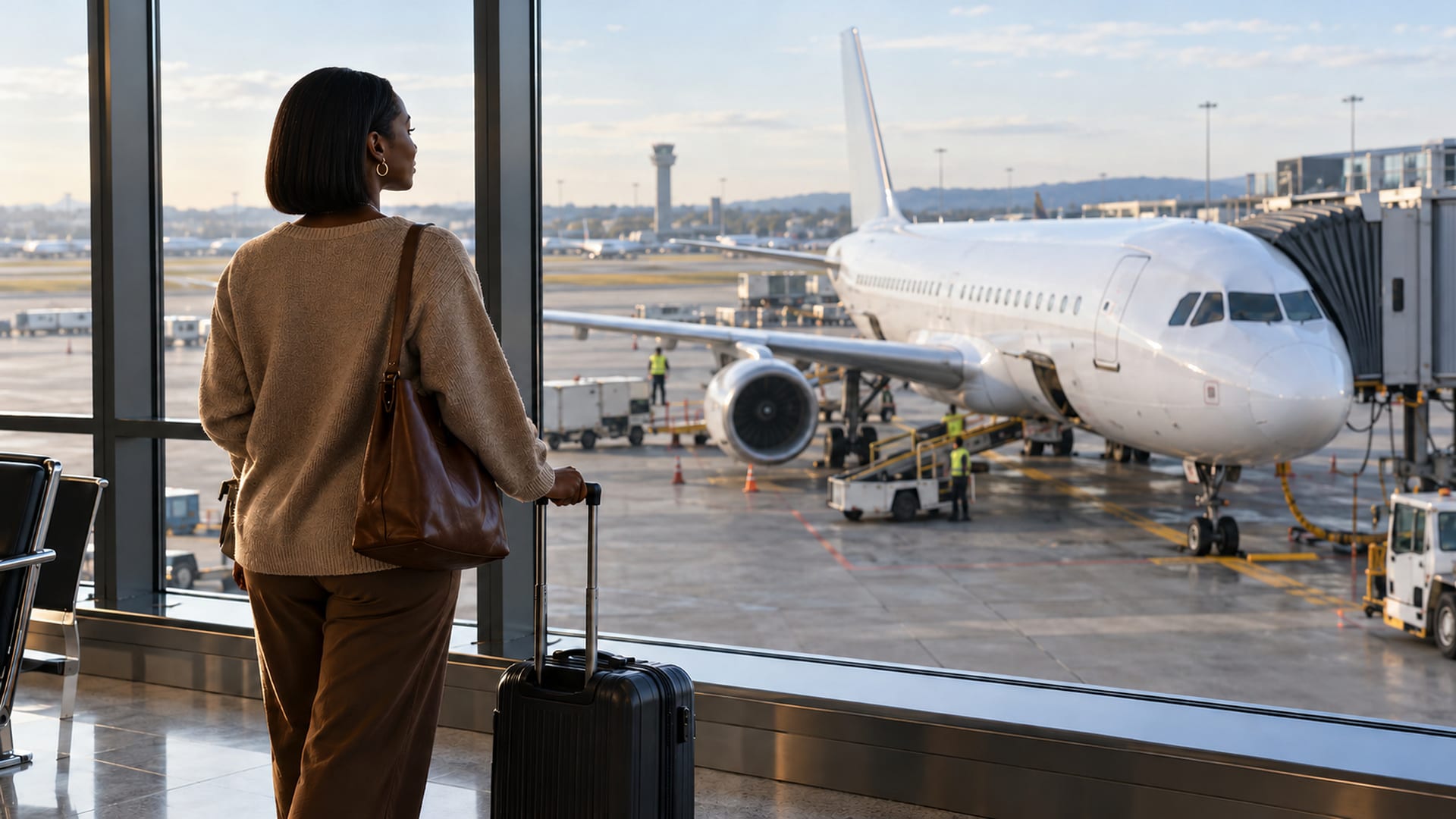 passazhiry-aeroport-samolet.jpg Пассажирка с чемоданом смотрит на самолёт из терминала аэропорта