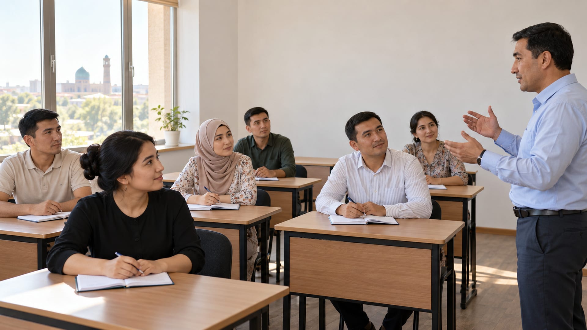 Будущие работники слушают преподавателя на занятии перед выездом за границу.