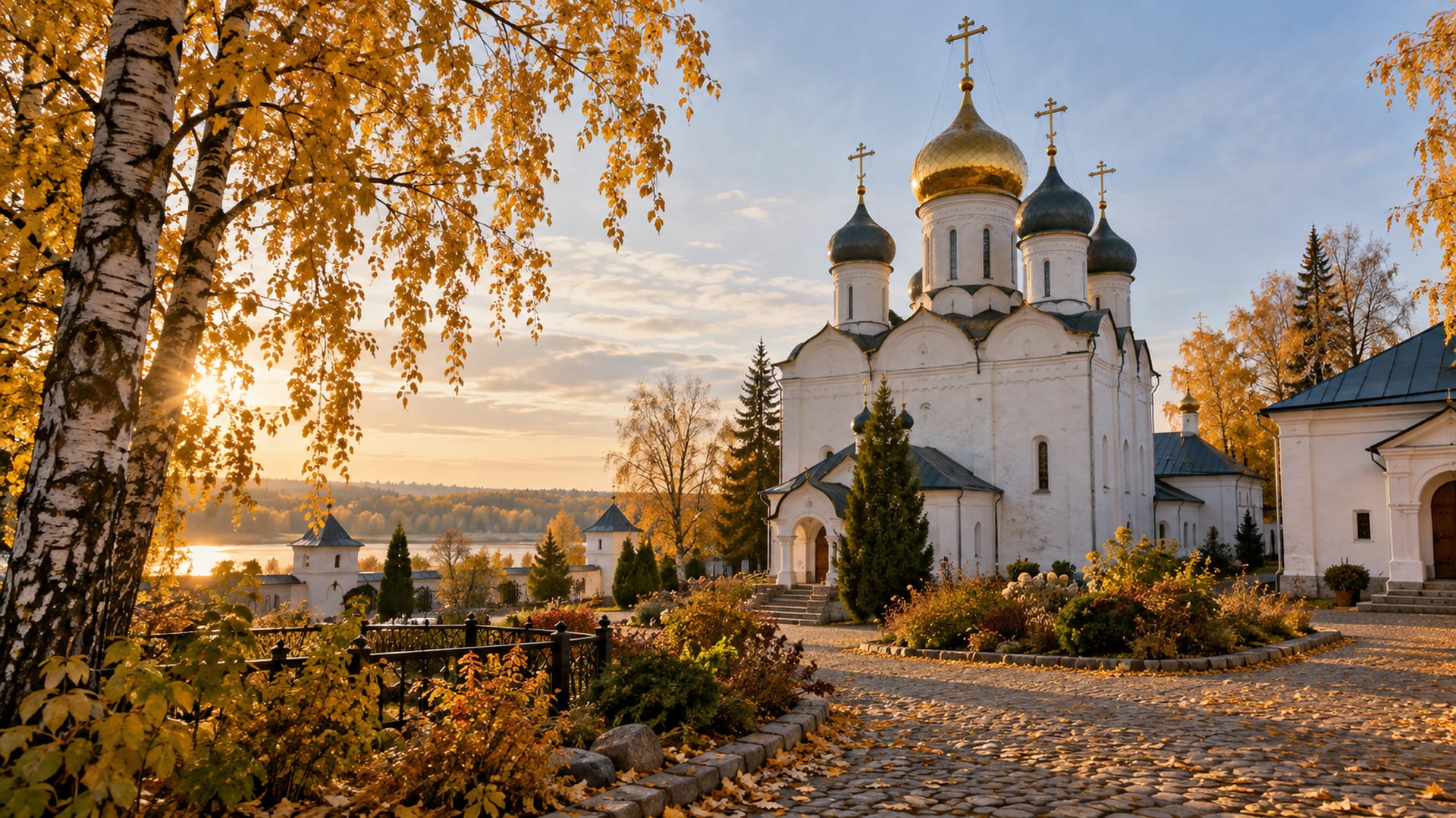 Белокаменный православный храм среди осенних деревьев.