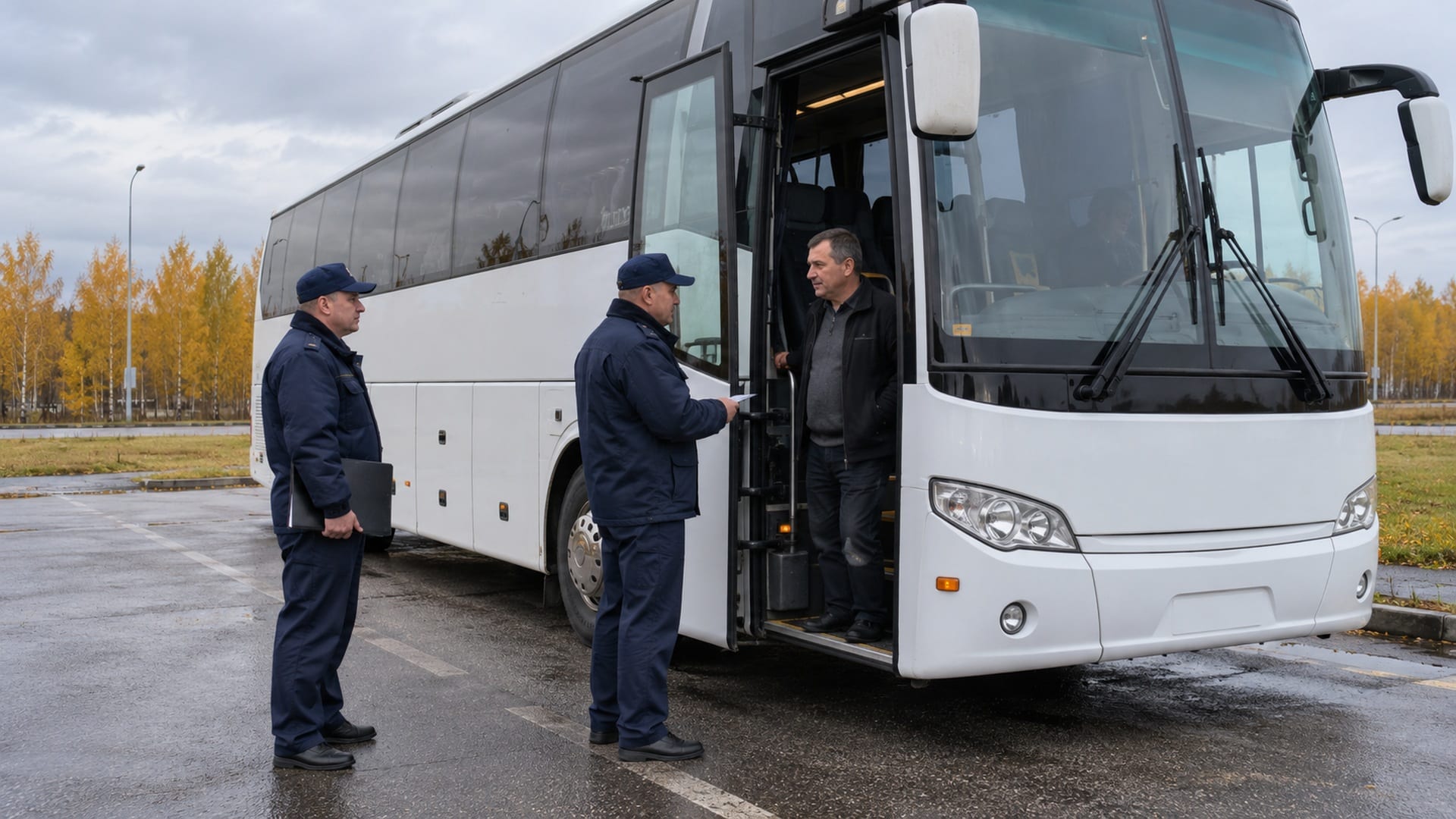 Сотрудники полиции разговаривают с водителем возле остановленного автобуса