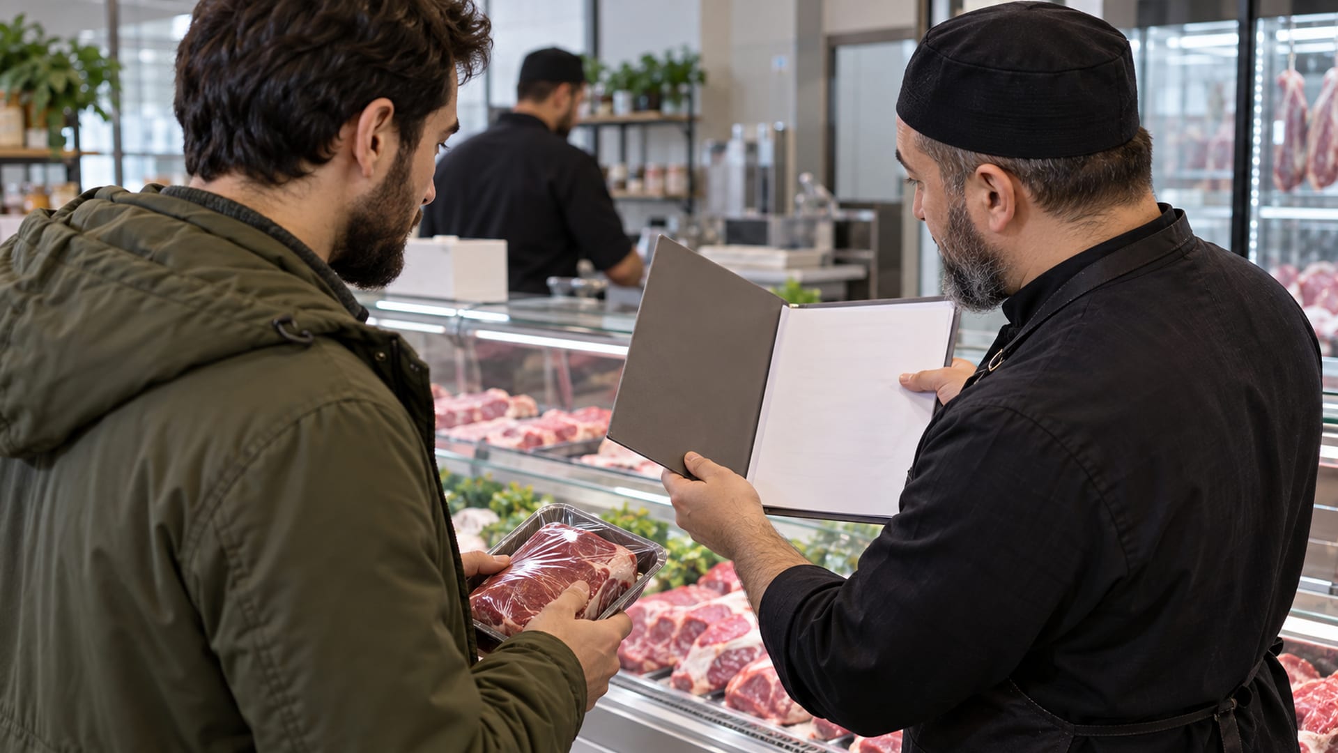 Покупатель обсуждает документы на мясную продукцию с продавцом