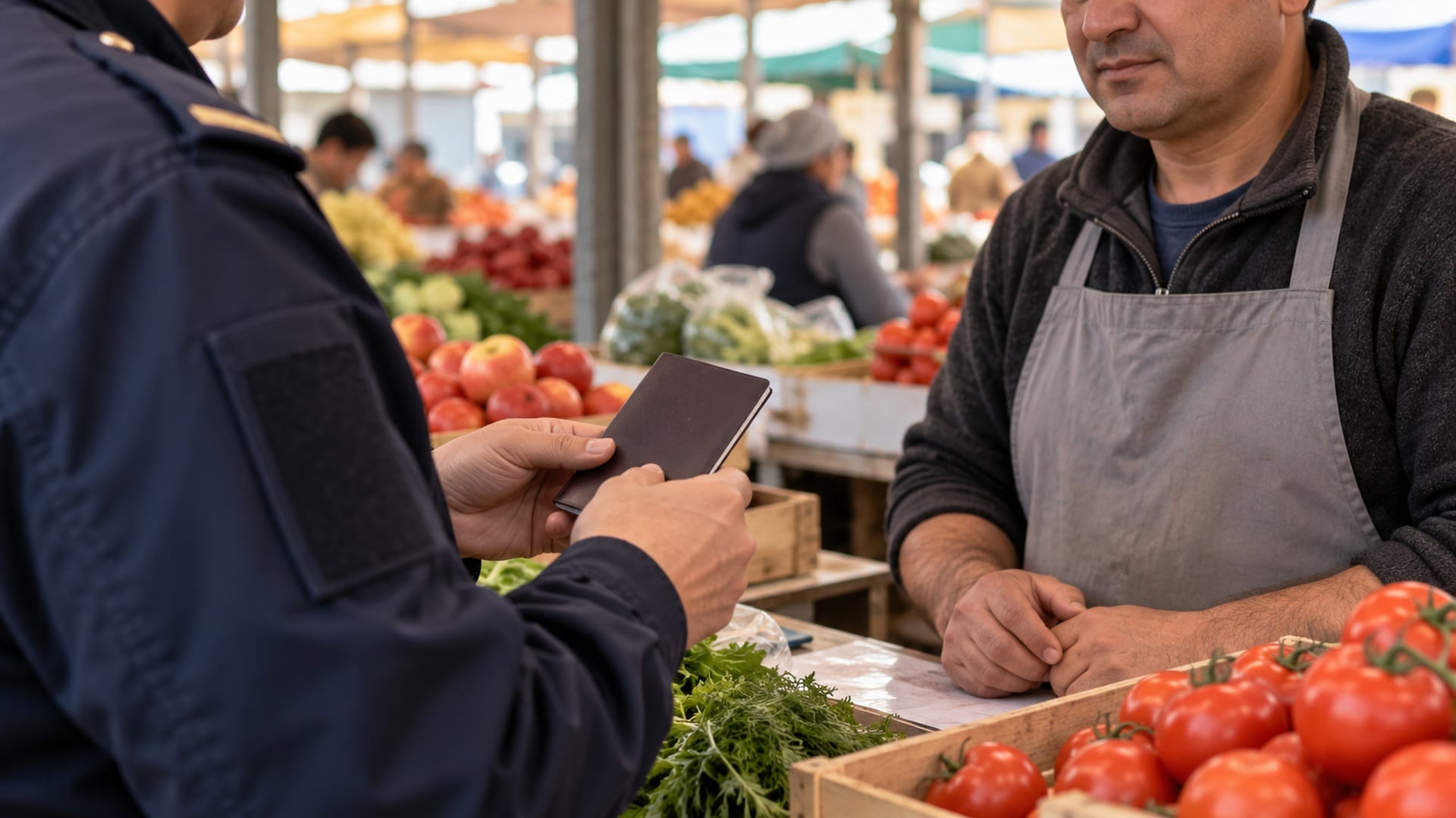 Проверка документов у продавца на продуктовом рынке