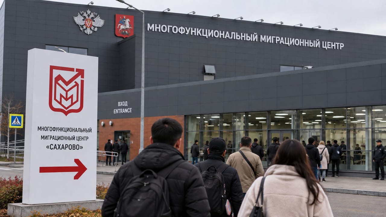 Люди идут в миграционный центр Сахарово в Москве