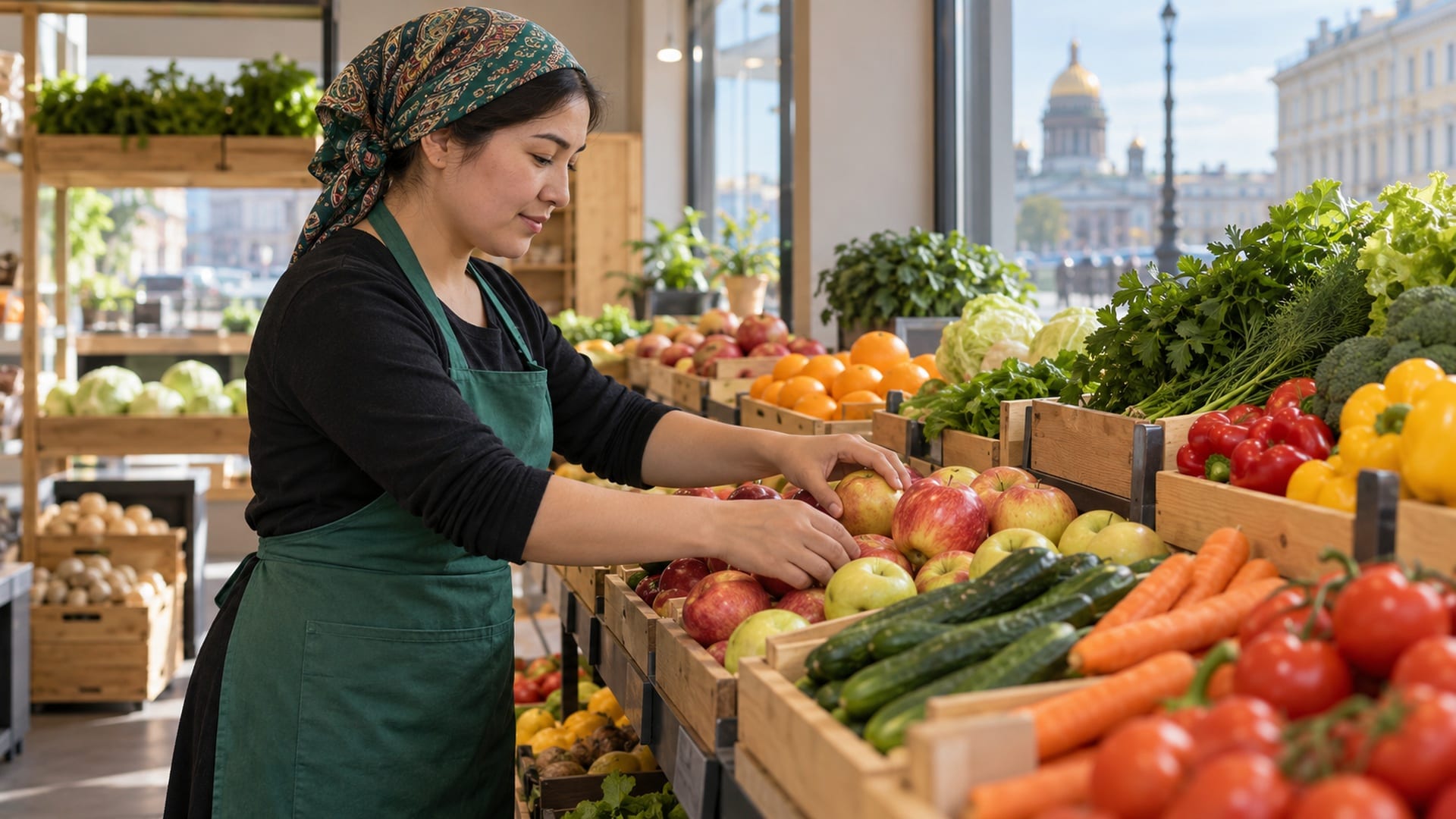 Сотрудница продуктового магазина раскладывает яблоки рядом с овощными прилавками.
