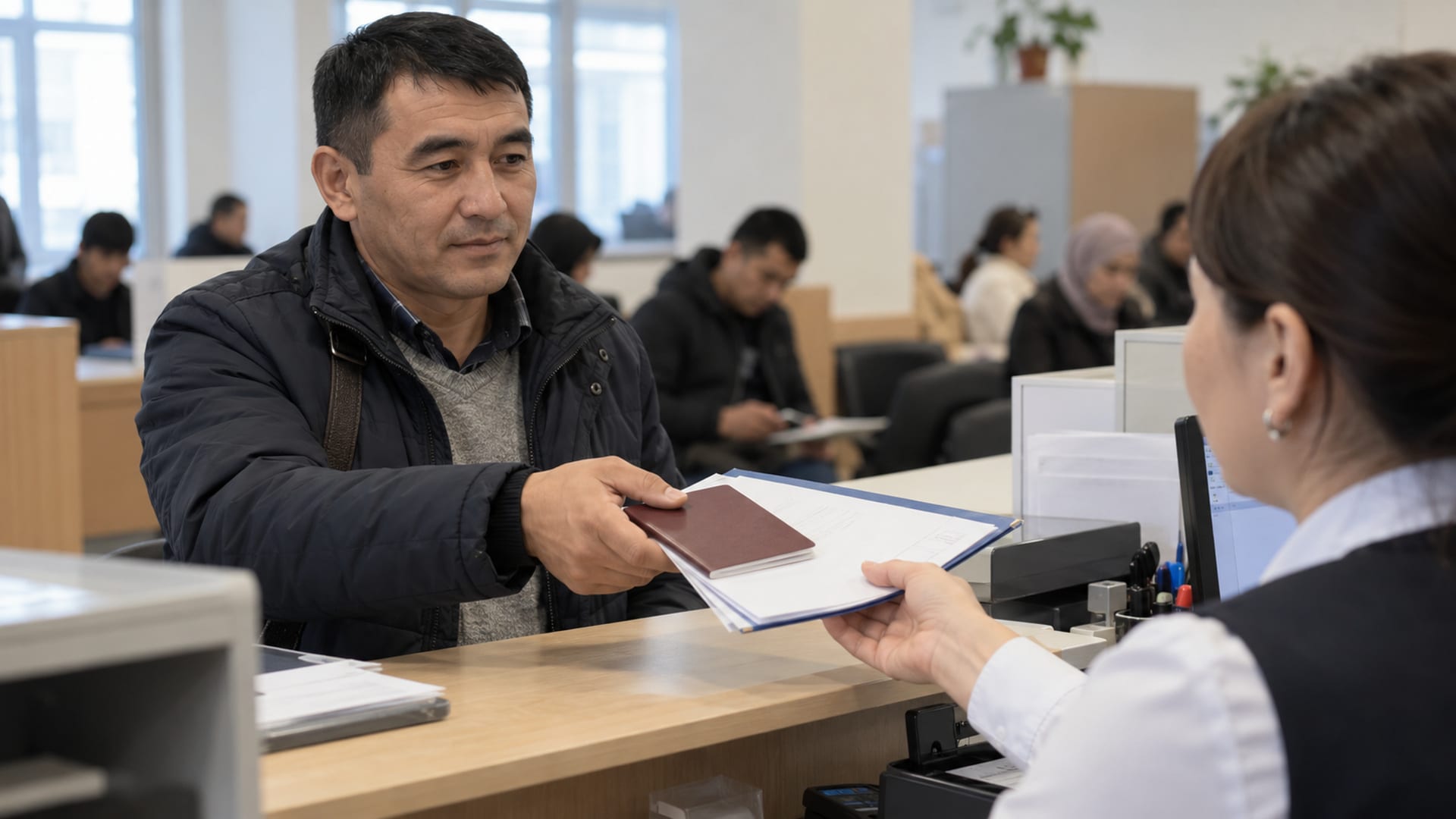 Мужчина передаёт паспорт и папку документов сотруднице центра обслуживания.