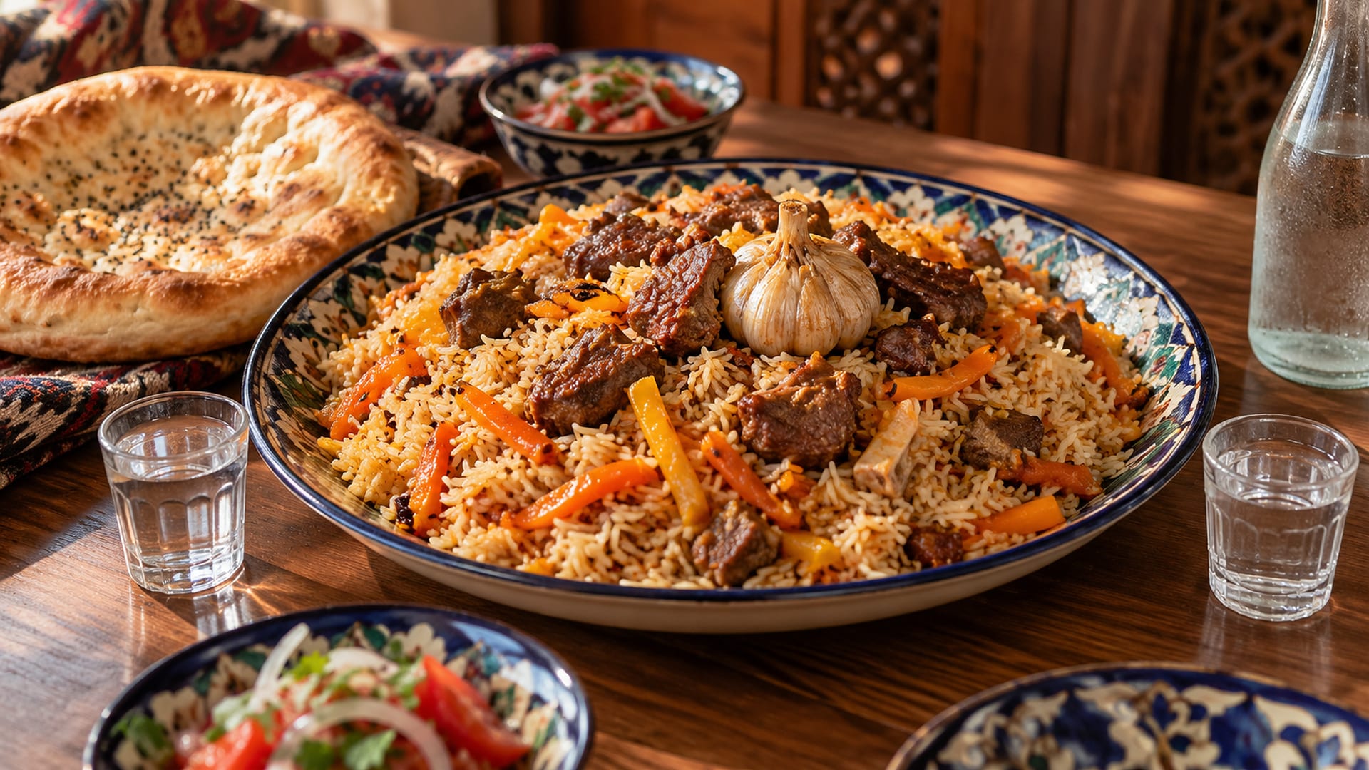 Таджикский плов с мясом и чесноком, лепёшка и две рюмки на столе