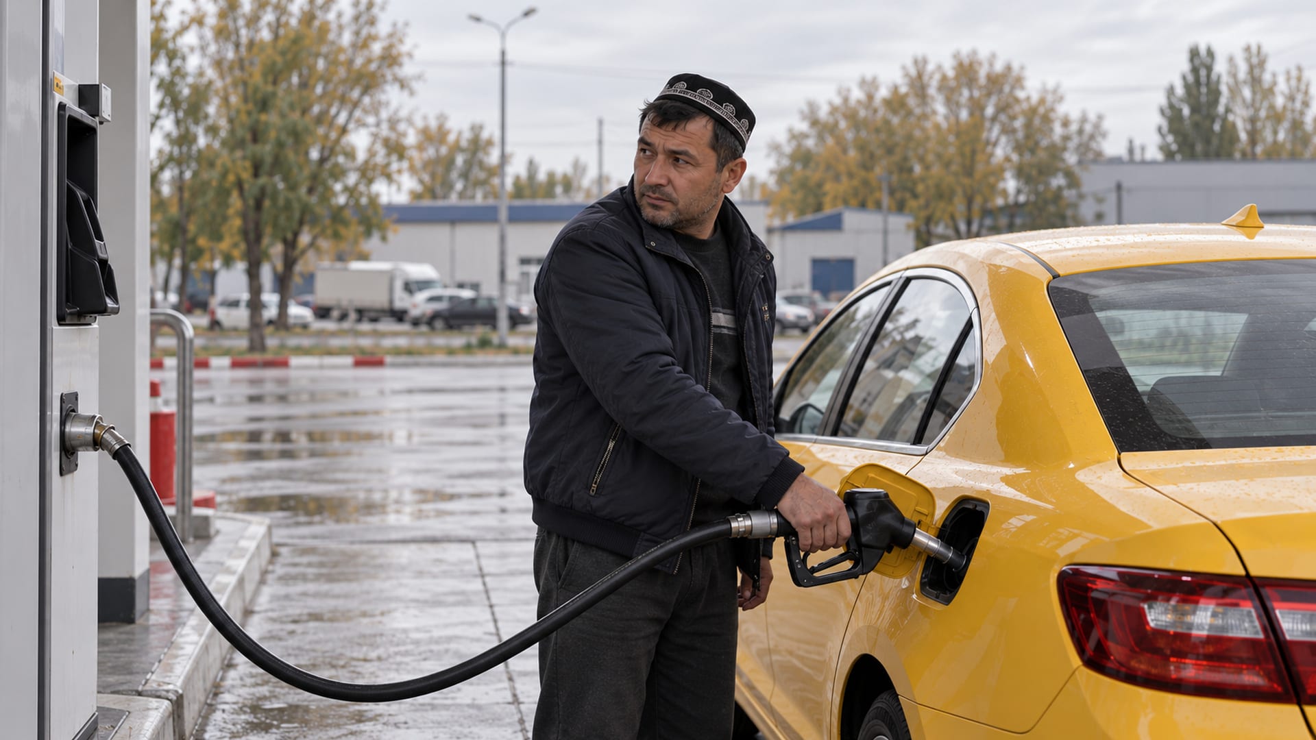 Таксист заправляет автомобиль