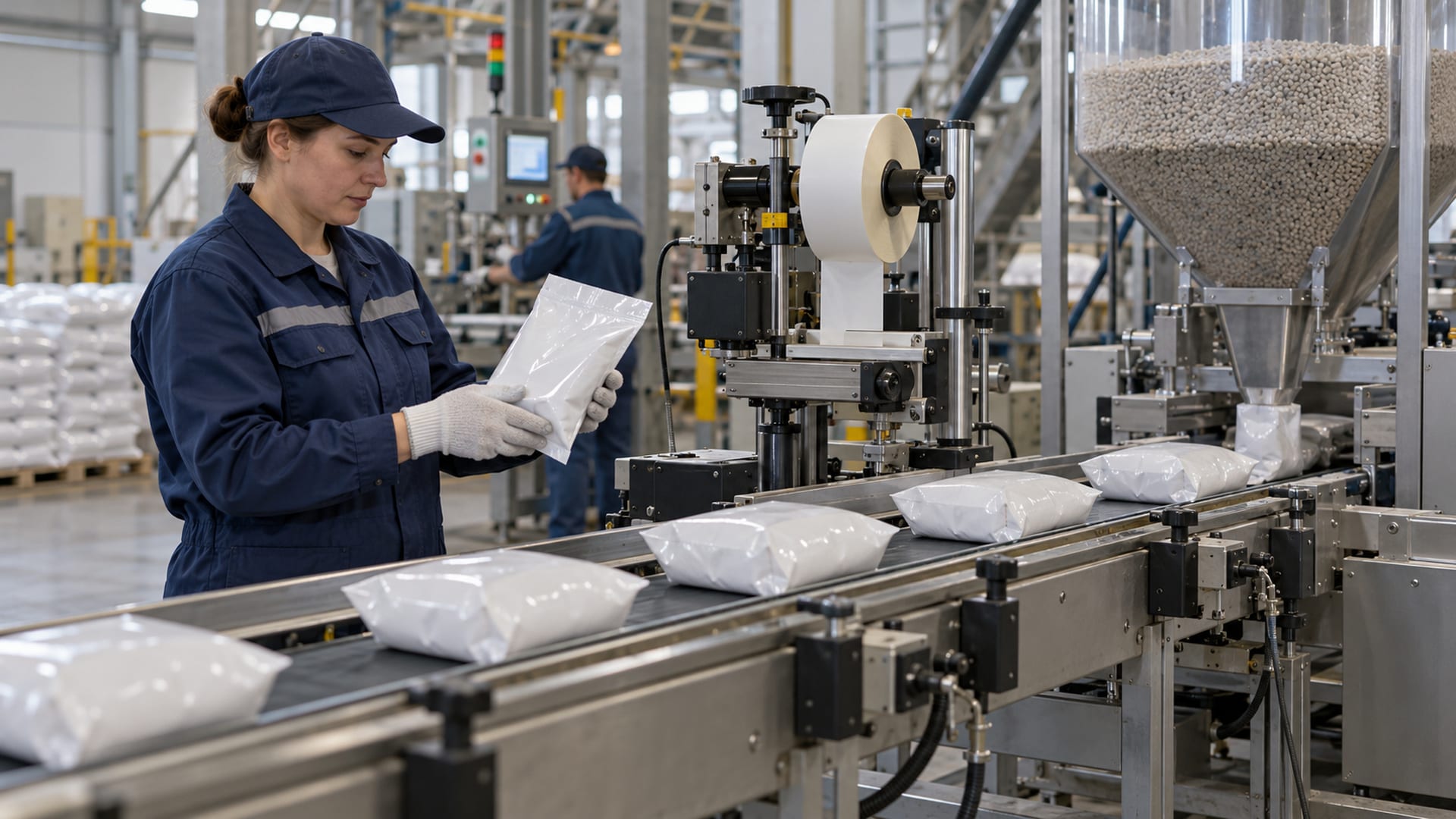 Работница проверяет упаковку гранулированных удобрений на производственной линии