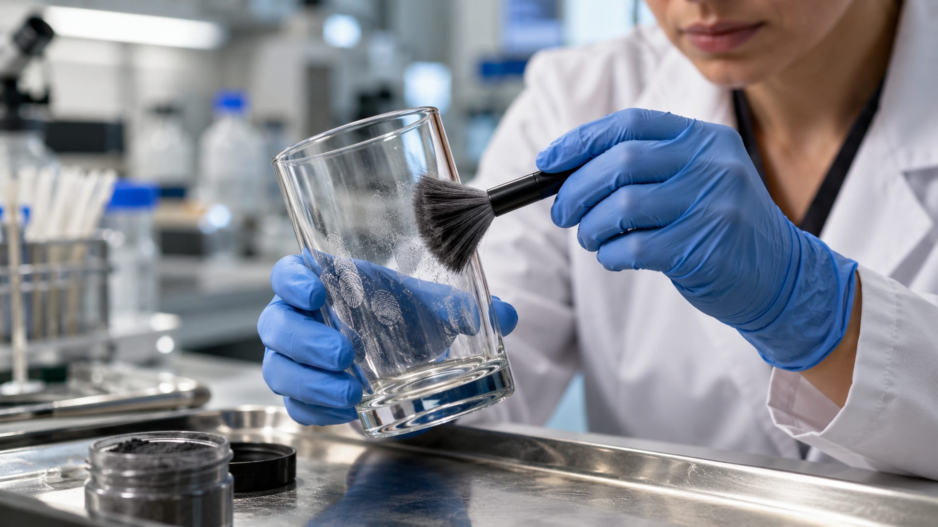 Специалист в перчатках обрабатывает стеклянный стакан кистью для выявления отпечатков пальцев.
