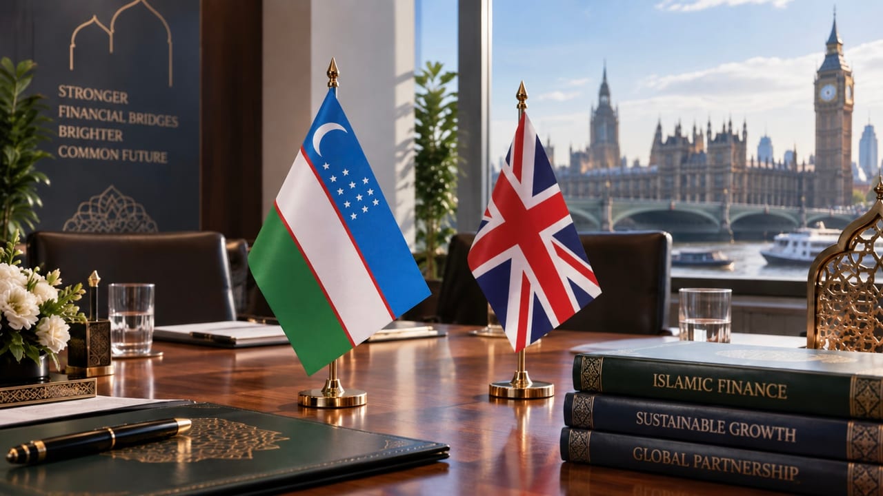 Дипломатический стол с флагами Узбекистана и Великобритании