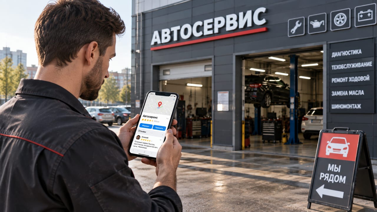 Автомеханик проверяет входную группу автосервиса
