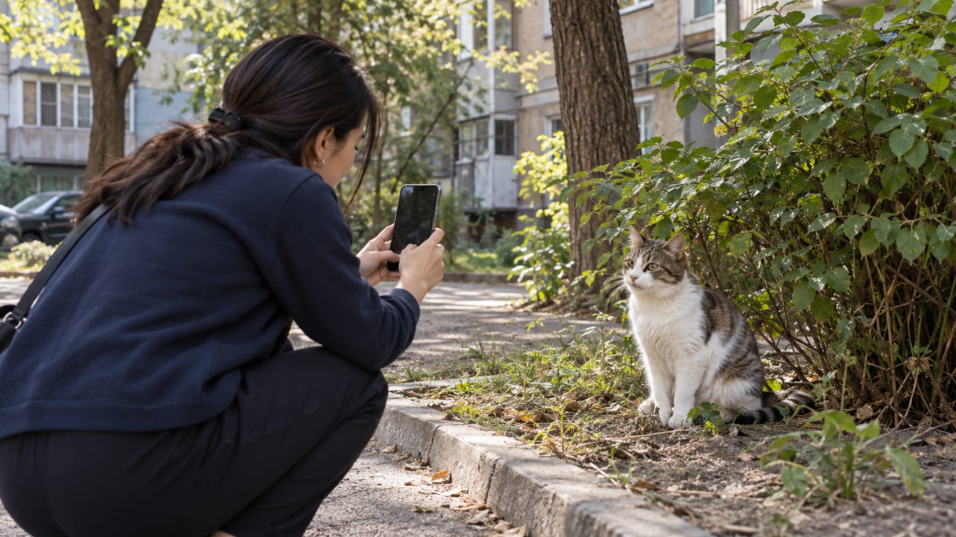 Волонтер фотографирует замеченного во дворе кота на смартфон.