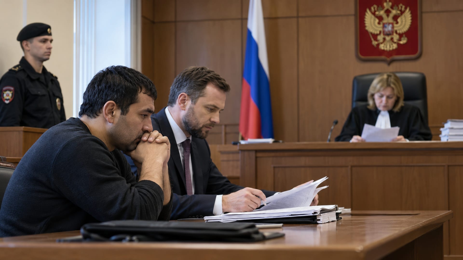 Иностранный гражданин и адвокат на судебном заседании по делу об административном выдворении из России.