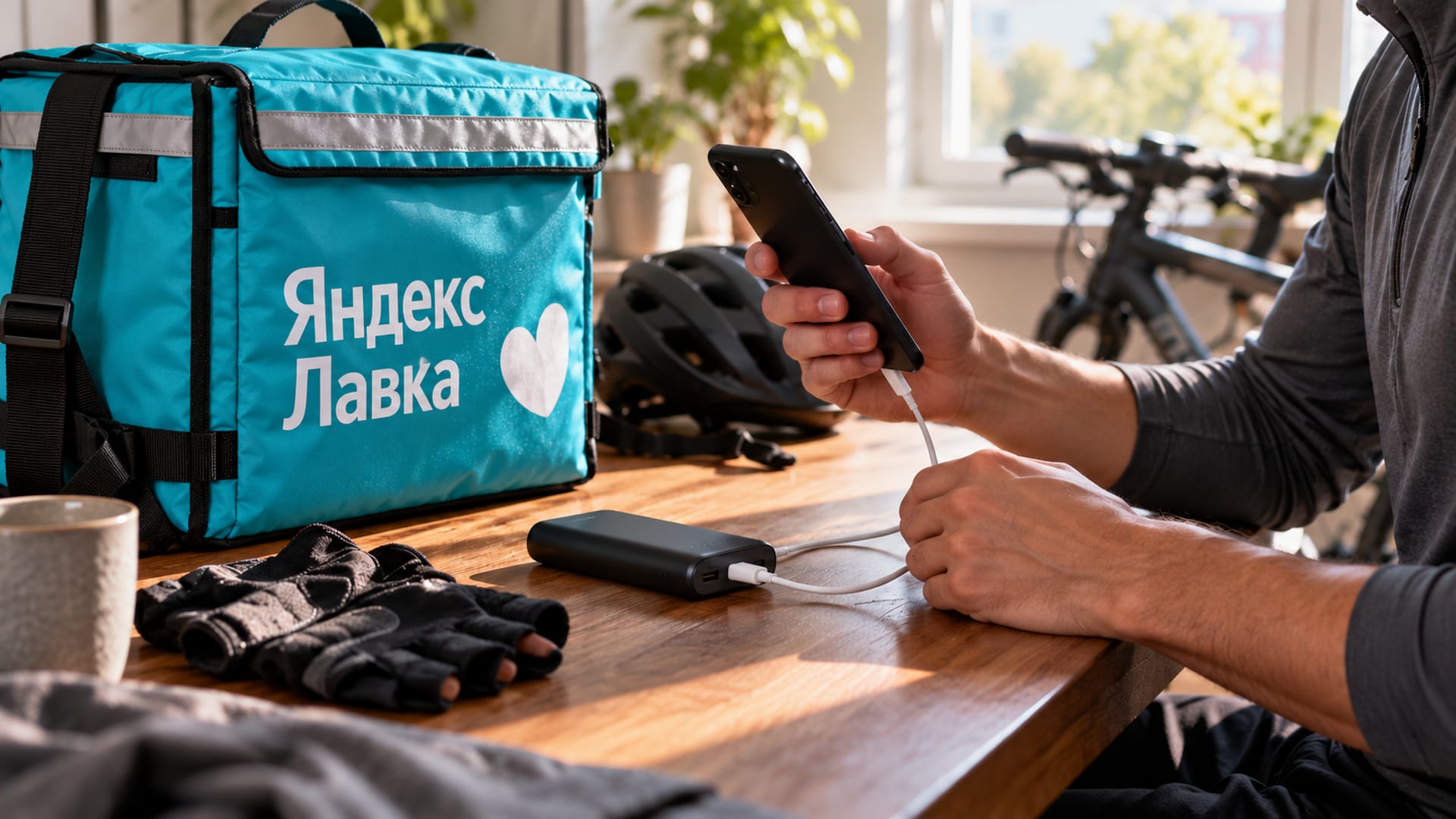 Подготовка к смене: смартфон заряжается от пауэрбанка рядом с сумкой Яндекс Лавки.