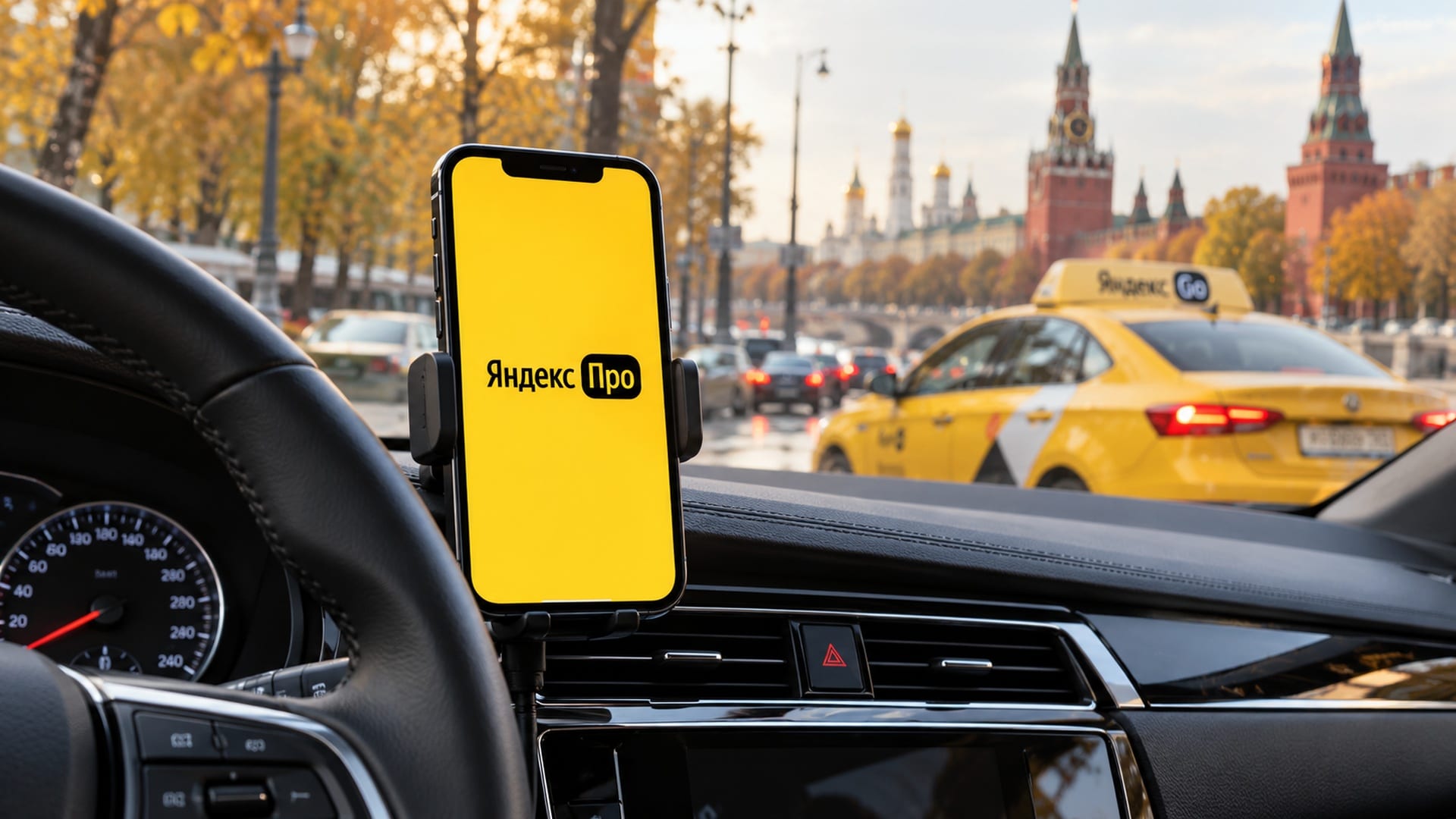 Смартфон с логотипом «Яндекс Про» на экране закреплён рядом с рулём такси.
