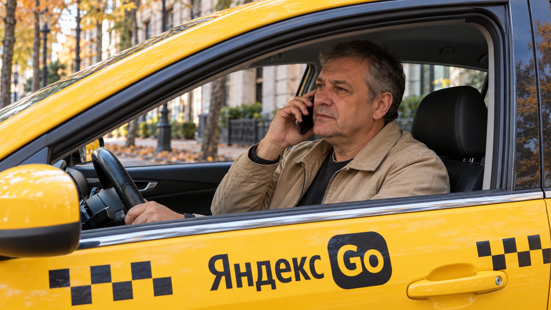 Водитель такси Яндекс Go разговаривает по телефону в припаркованной машине.